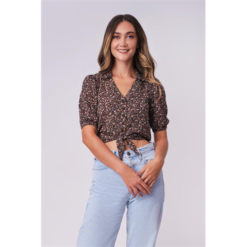 Odel Black Floral Printed Buttoned Tie Up Top
