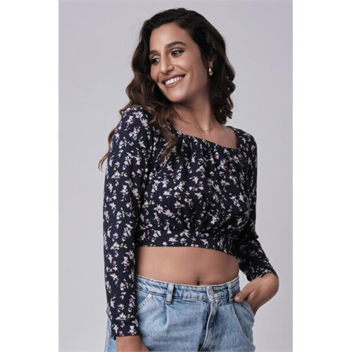 Odel Black Floral Printed Cropped Long Sleeve Top