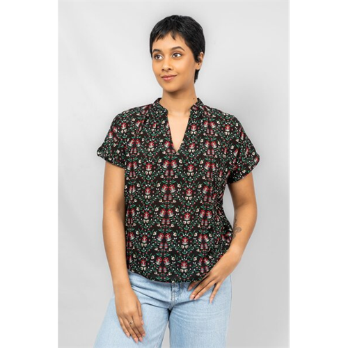 Odel Black Floral Printed Gathered V Neck Cap Sleeve Loose Top