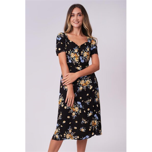 Odel Black Floral Printed Short Sleeve Dress