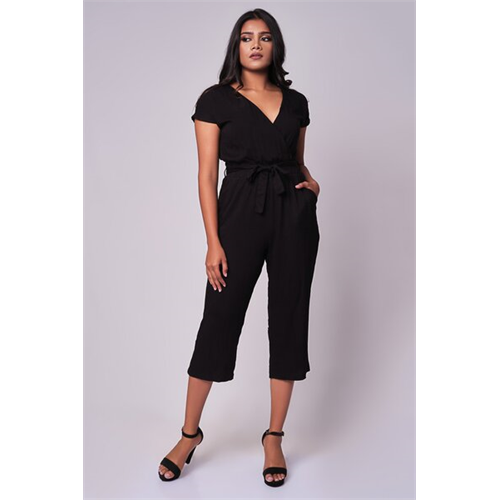 Odel Black Front Wrap Capri Wide Leg Jumpsuit