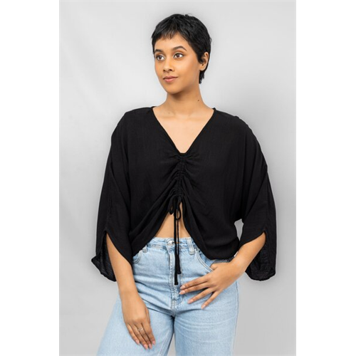 Odel Black Kimono Sleeve Front Ruching Oversized Top