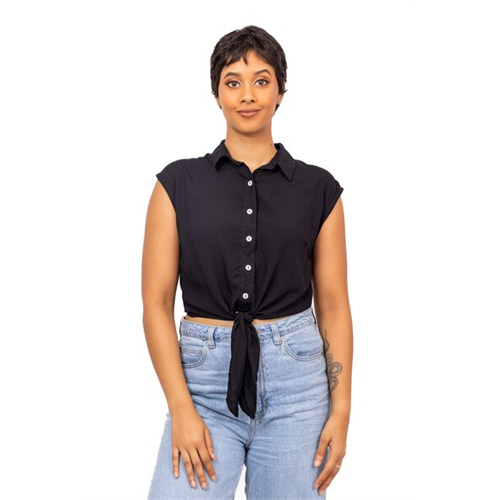 Odel Black Sleeveless Front Tie Up Cropped Shirt