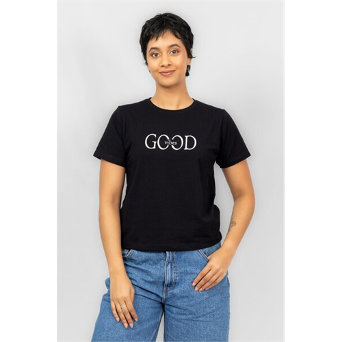 Odel Black Slogan Printed Regular T Shirt