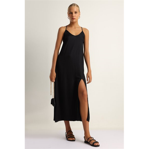 Odel Black Strappy Maxi V Neck Open Back Maxi Slip Dress