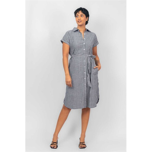 Odel Black Striped Cap Sleeve Button Down Midi Dress