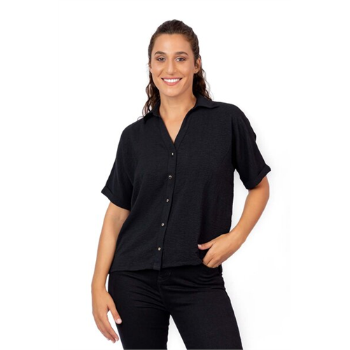 Odel Black V Neck Collared Short Sleeve Shirt