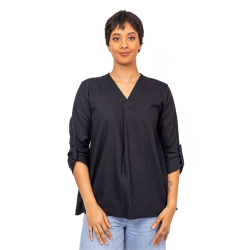 Odel Black V Neck Front Pleat Detail Long Sleeve Tunic