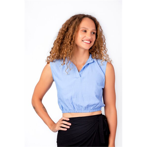 Odel Blue Cap Sleeve Cropped Mandarin Collar Top