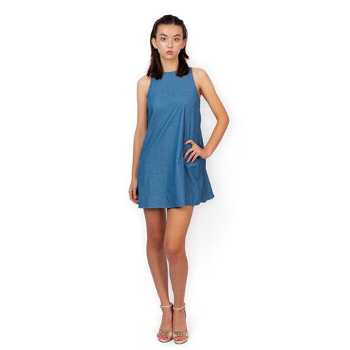 Odel Blue Chambray Round Neck Mini Shift Dress