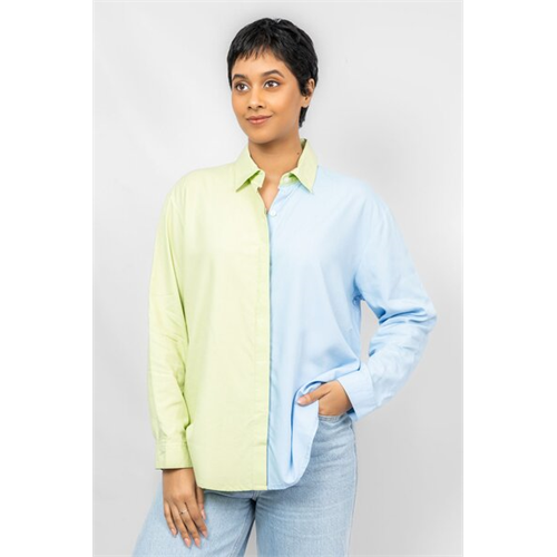 Odel Blue & Green Colour Block Long Sleeve Scoope Back Hem Oversized Shirt