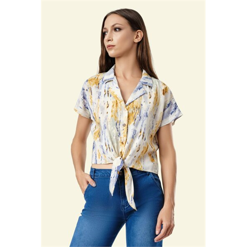 Odel Blue Printed Tie Up Short Sleeve Shirt
