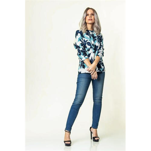 Odel Blue Print Mandarin Collar Tunic Top