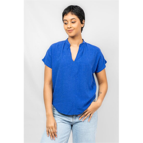 Odel Blue V Neck Cap Sleeve Loose Top