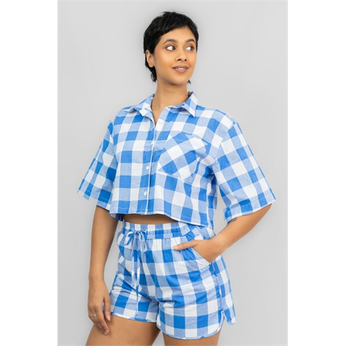Odel Blue & White Checked Short Sleeve Boxy Cropped Shirt