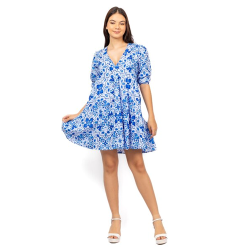 Odel Blue & White Printed Printed Tiered 3/4 Sleeve V Neck Shift Dress