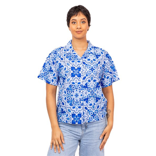 Odel Blue & White Printed Short Sleeve Lapel Coller Shirt
