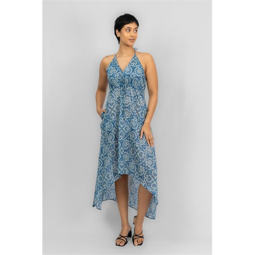 Odel Blue & White Printed Sleeveless V Halter Neck Maxi Dress