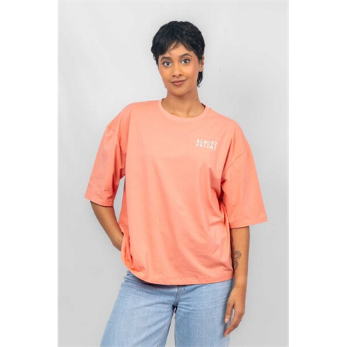 Odel Bright Peach Almost Friday Slogan Printed Dropped Shoulder Loose Fitted Boxy Tshirt