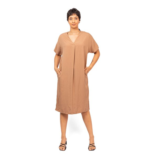 Odel Brown Deep V Neck Short Sleeve Midi Dress