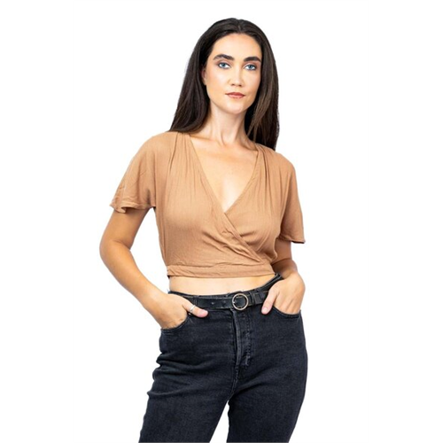 Odel Brown Faux Wrap Back Tie Up Top