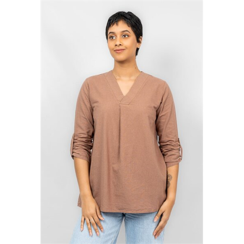 Odel Brown V Neck Front Pleat Detail Long Sleeve Tunic