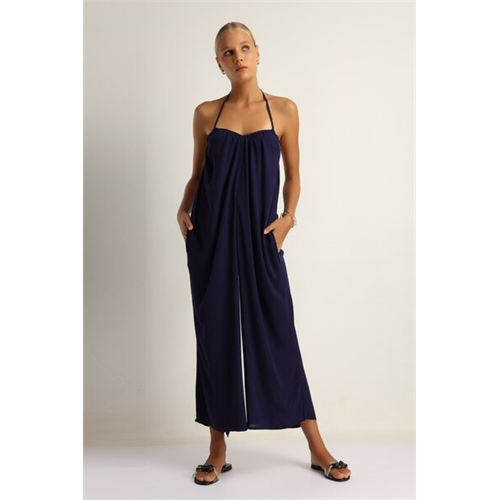 Odel Dark Blue Halter V Tie Up Neck Oversized Maxi Jumpsuit