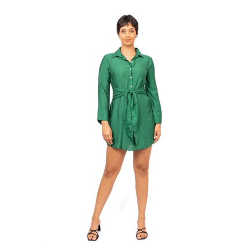 Odel Dark Green Long Sleeve Front Tie Up Half Placket Mini Dress