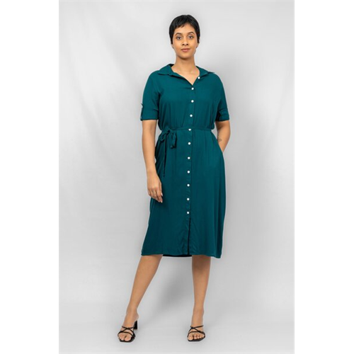 Odel Dark Green Long Sleeve Midi Basic Shirt Dress
