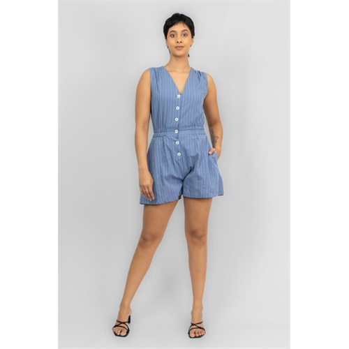 Odel Dull Blue Striped Sleeveless V Neck Buttoned Down Romper