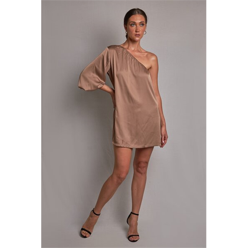 Odel Dull Gold Shimmer One Shoulder Bishop Sleeve Mini Dress