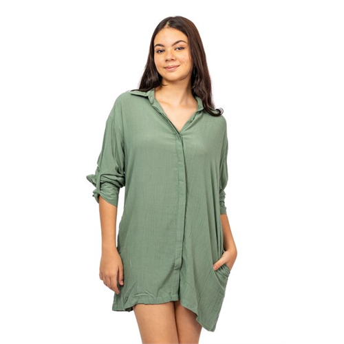 Odel Dull Green Long Sleeve Hidden Placket Collared Tunic