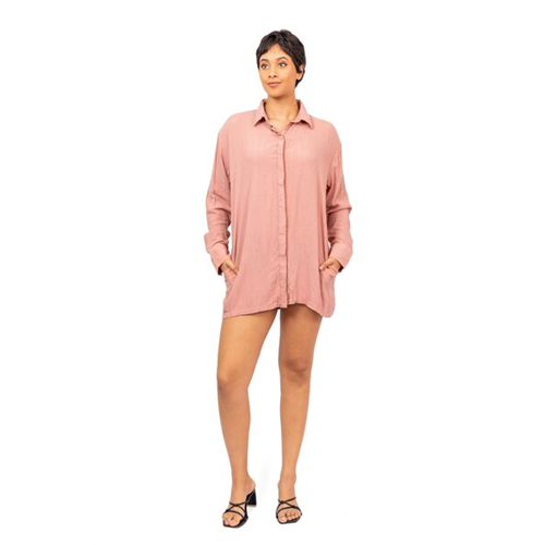 Odel Dull Pink Long Sleeve Hidden Placket Collared Tunic Dress