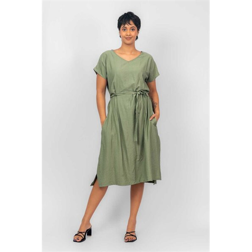 Odel Green Cap Sleeve Belt Tie Up Loose Fitted Midi Dress