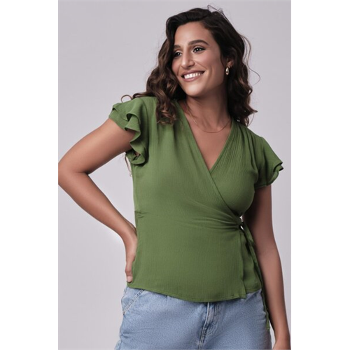 Odel Green Double Frilled Sleeve Wrap Top