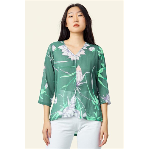 Odel Green Floral Step Back Hem Top