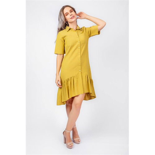 Odel Green High Low Ruffled Short Sleeve Shirt Dress