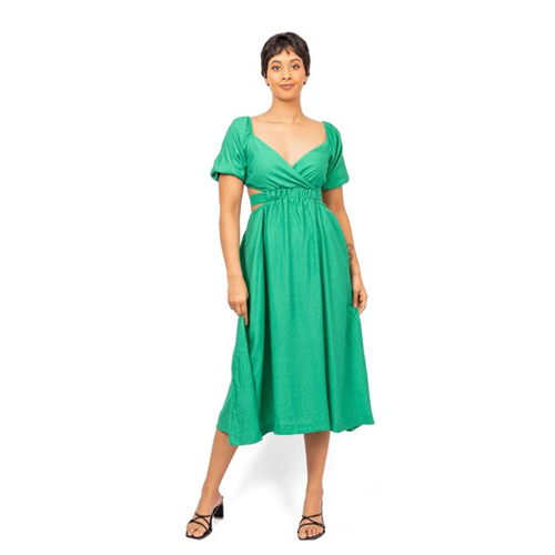 Odel Green Short Sleeve Deep Neck Midi Back Cutout Dress