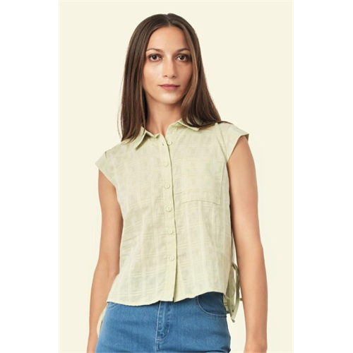 Odel Green Side Seam Tie Cap Sleeve Shirt