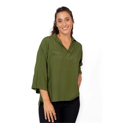 Odel Green V Neck Collared Long Sleeve Top