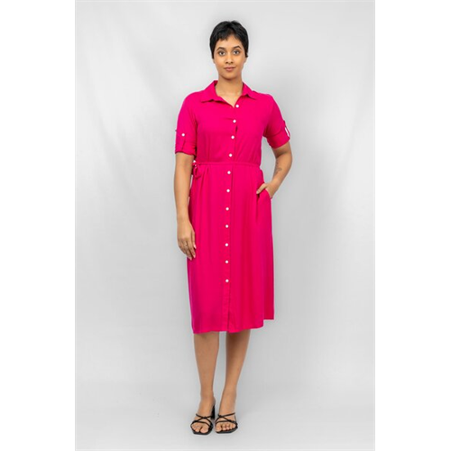 Odel Hot Pink Long Sleeve Midi Basic Shirt Dress
