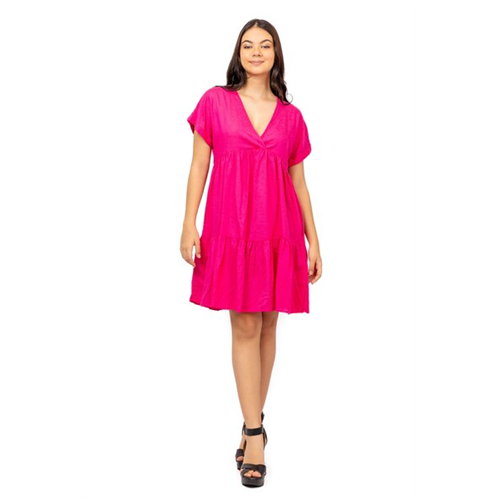 Odel Hot Pink Tiered Cap Turn Up Sleeve V Neck Knee Length Dress