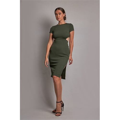 Odel Khaki Back Cutout Short Sleeve Bodycon Dress