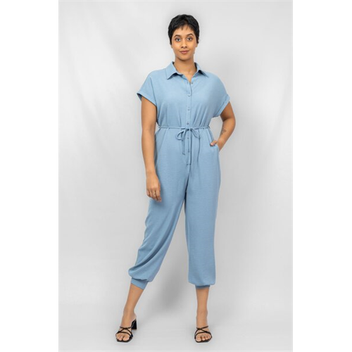 Odel Light Blue Cap Sleeve Buttoned Waist Tie Up Jumpsuit