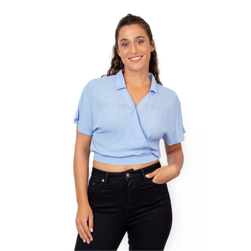 Odel Light Blue Collared Faux Wrap Short Sleeve Top