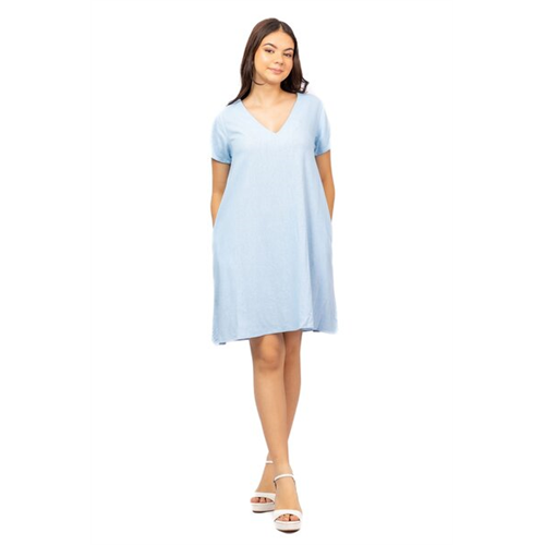 Odel Light Blue Short Sleeve Deep V Neck Midi Shift Dress
