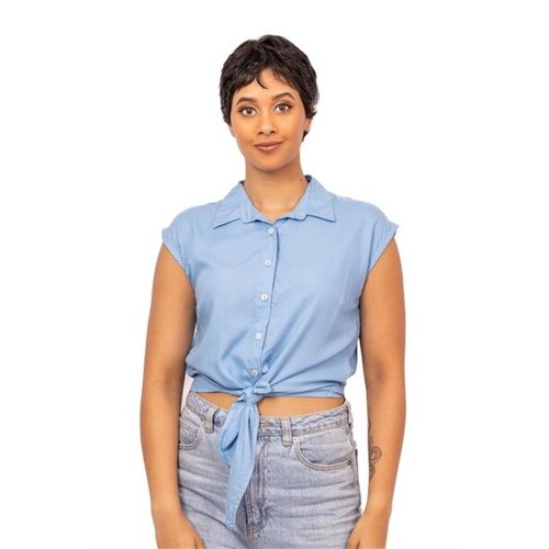 Odel Light Blue Sleeveless Front Tie Up Cropped Shirt