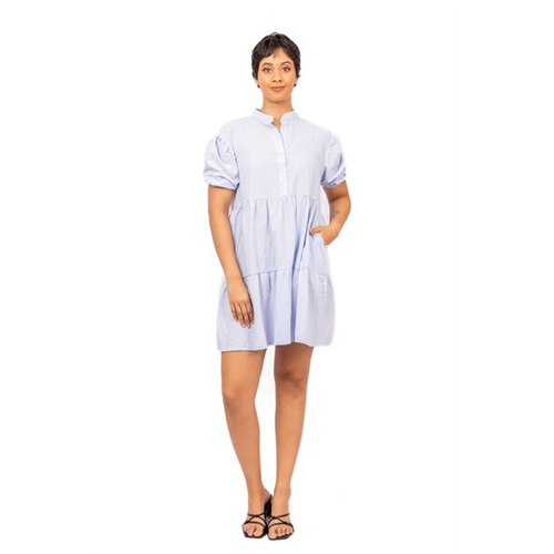 Odel Light Blue Textured Puff Sleeve Half Placket Tiered Mini Dress