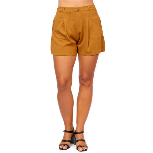 Odel Light Brown Pleated Flared Mini Shorts