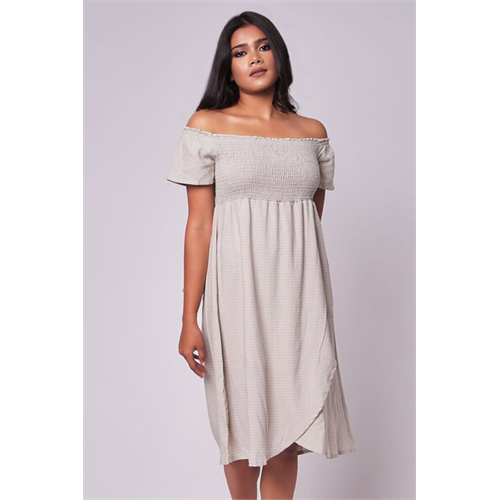 Odel Light Green Striped Off Shoulder Smocked Dress